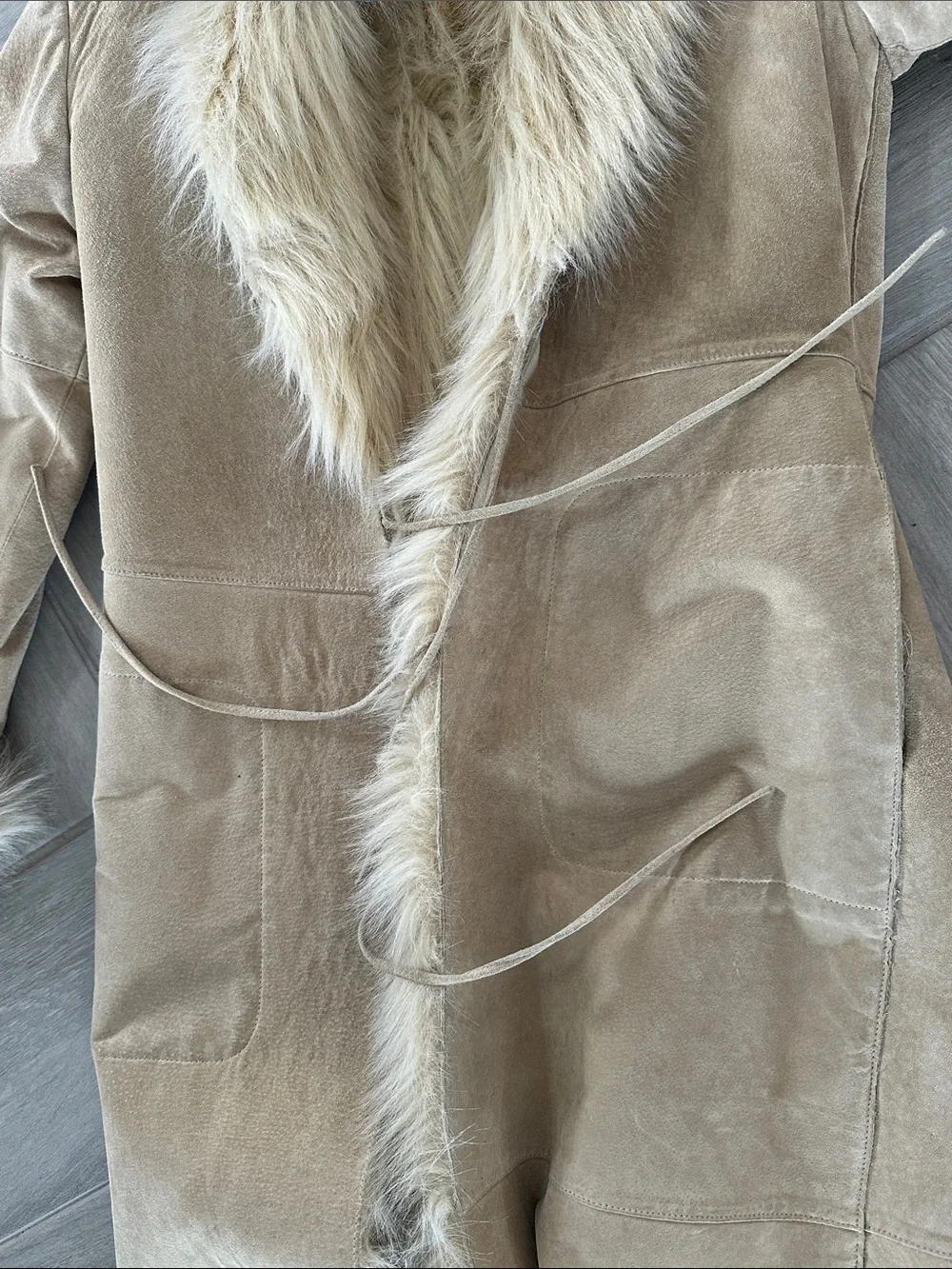 Leather Long Beige Faux Fur Trim Trench Coat - Picture 4 of 6